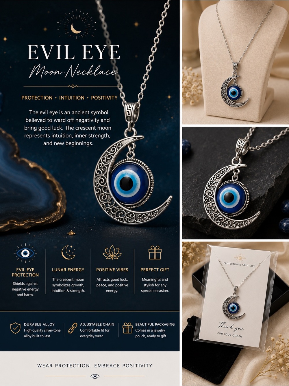 Evil Eye Moon Necklace - Blue Crescent Pendant